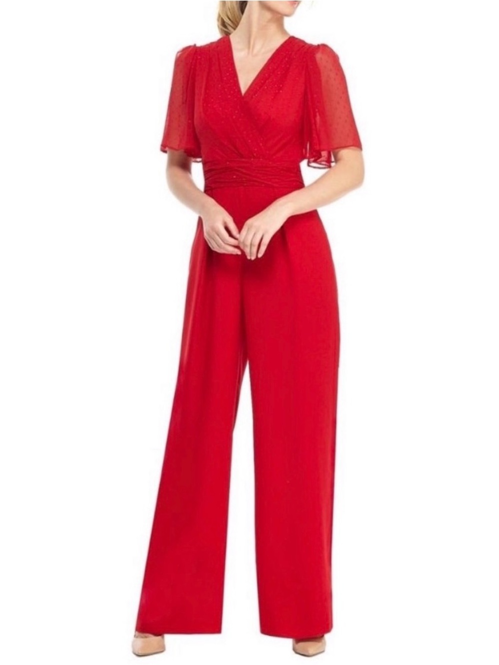 Gal Meets Glam Red V-Neck Wide-Leg Jumpsuit